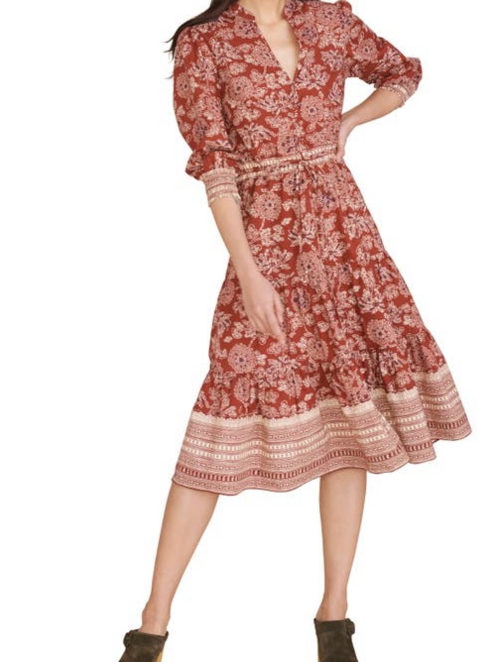 $398 Veronica Beard Swedie Rust & Navy  Midi Dress with Cinched Waist Tie 2 NWOT